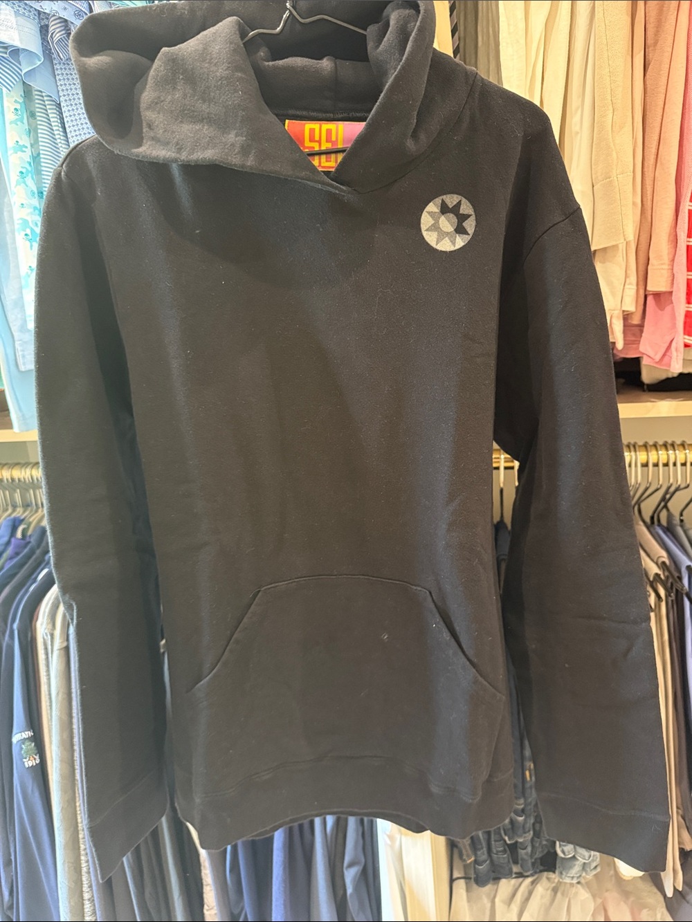 Men's Black Crewneck Hoodie Sweatshirt with Subtle Chest Emblem